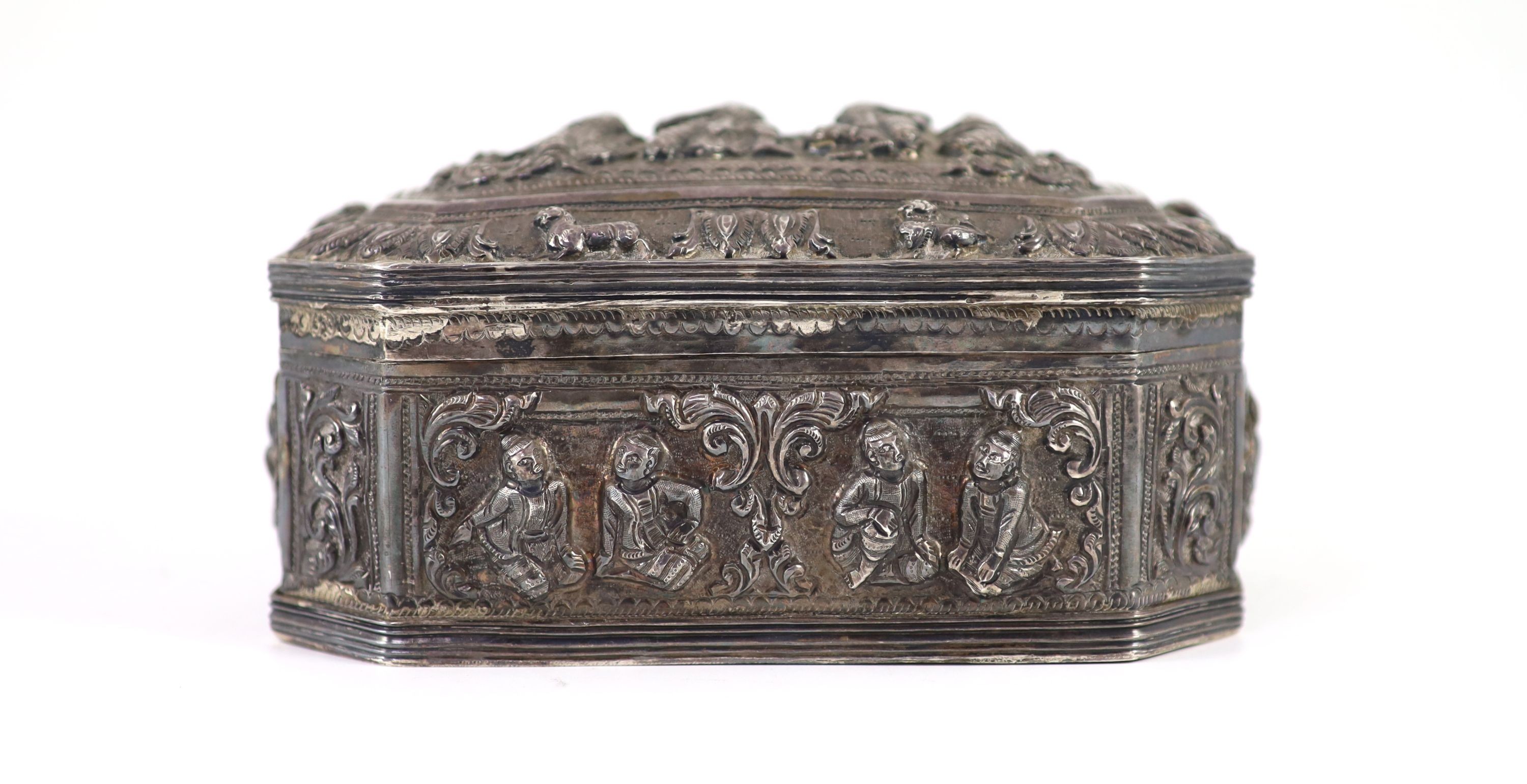 A Burmese embossed silver octagonal box and cover